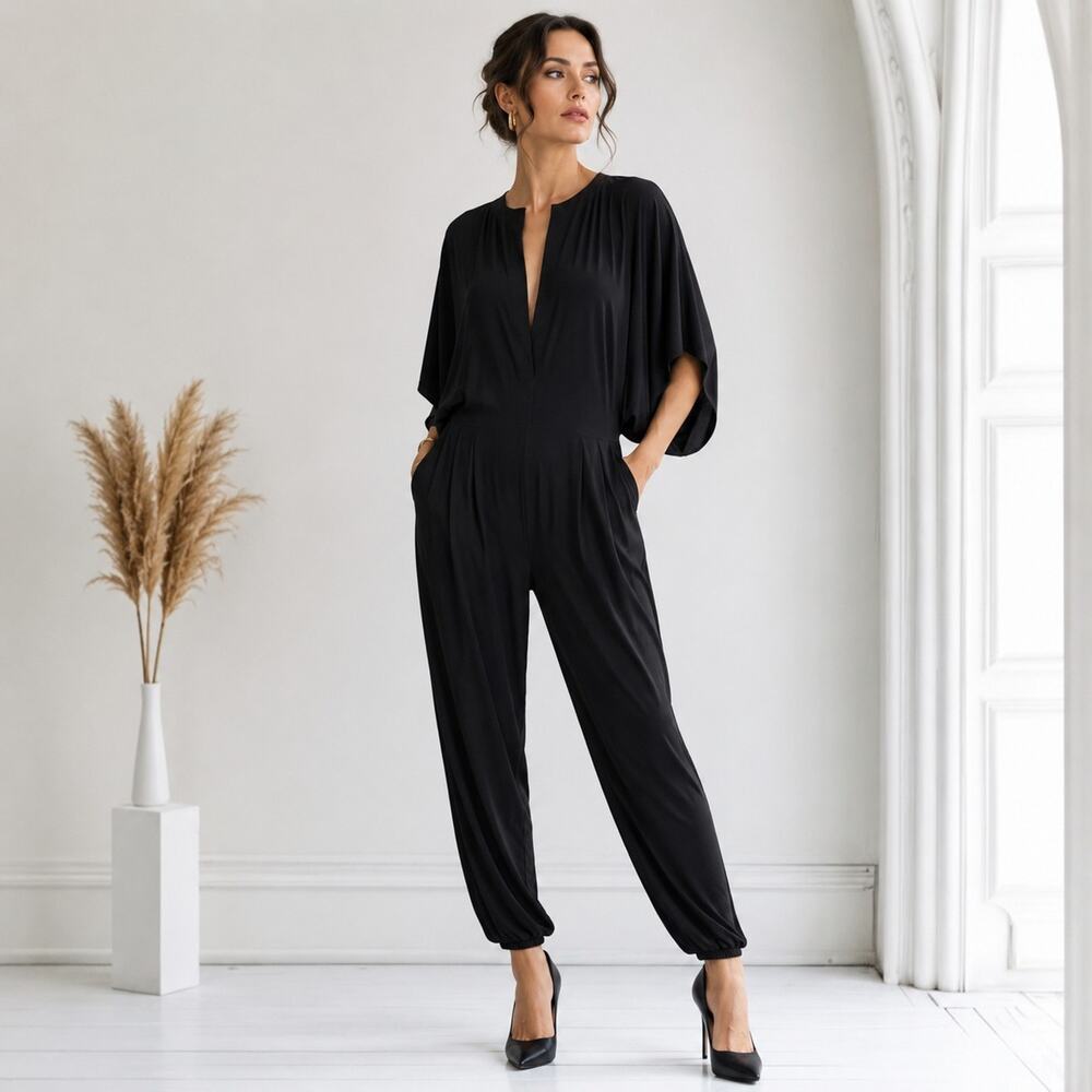 Norma Kamali Black Dolman Sleeve Jumpsuit Harem Tapered Minimalist M - Picture 1 of 12